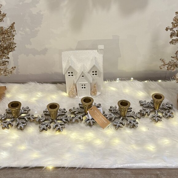 Holiday Gold Brass Metal 5 Taper Candelabra Centerpiece Snowflakes Rhinestone - Picture 6 of 9